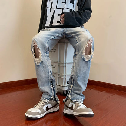 bottom zipper destroyed washed jeans skinny jeans ripped holes trousers men biker jeans fashion streetwear hip hop pants joggers streetwear sweatpants