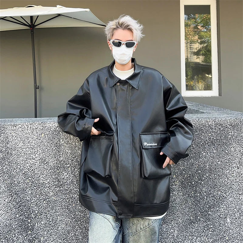autumn motorcycle pu jacket coat for men leisure trendy workwear jacket niche ruffian handsome double neckline design jacket unique default style 5936