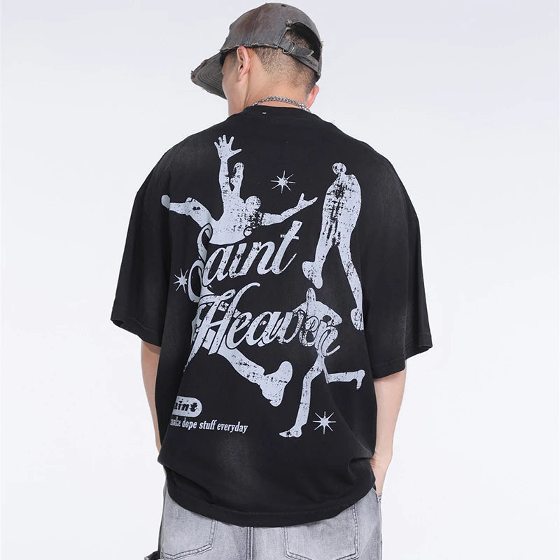 Black White Blue SAINT T-shirt Men Woman Good Quality Vintage Cartoon Pattern Printing Loose Casual Top Tees Street King Limited