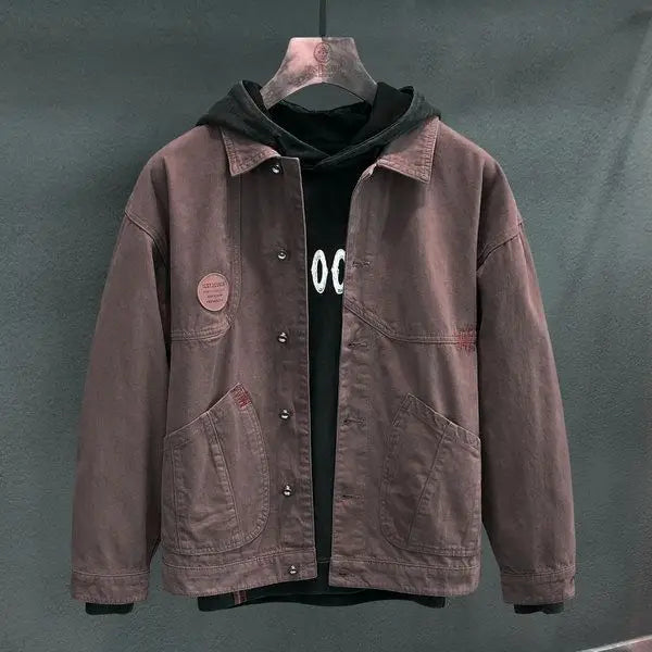 american retro workwear jacket for boys loose spring and autumn high street japanese style khaki casual trendy denim jacket tops unique jeans style 4882