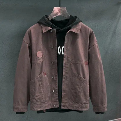 american retro workwear jacket for boys loose spring and autumn high street japanese style khaki casual trendy denim jacket tops unique jeans style 4882
