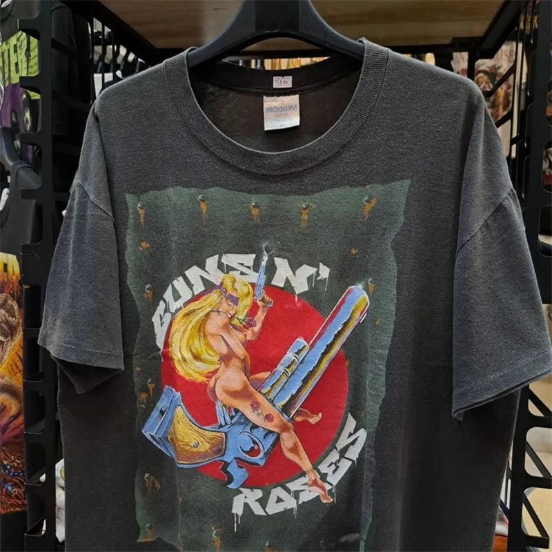 Summer Guns and Roses American Style Vintage High Quality Casual Short Sleeved T-shirt Cartoon Print High Version High Street Street King Limited