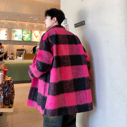 plaid woolen trenchcoat men autumn winter fashion retro streetwear suit collar loose casual trendy trench coat outerwear urban fashion pants