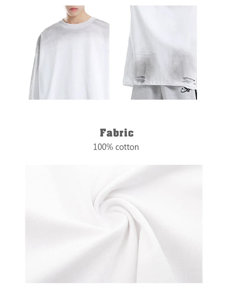Men's Streetwear Hole Washed Cotton Long Sleeve Loose Casual T Shirt Tiki Y2k Clothes Oversized T-shirt for Men Tops Tshirt Street King Limited