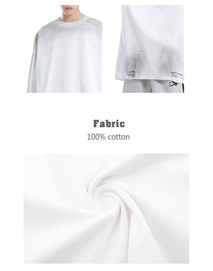 Men's Streetwear Hole Washed Cotton Long Sleeve Loose Casual T Shirt Tiki Y2k Clothes Oversized T-shirt for Men Tops Tshirt Street King Limited