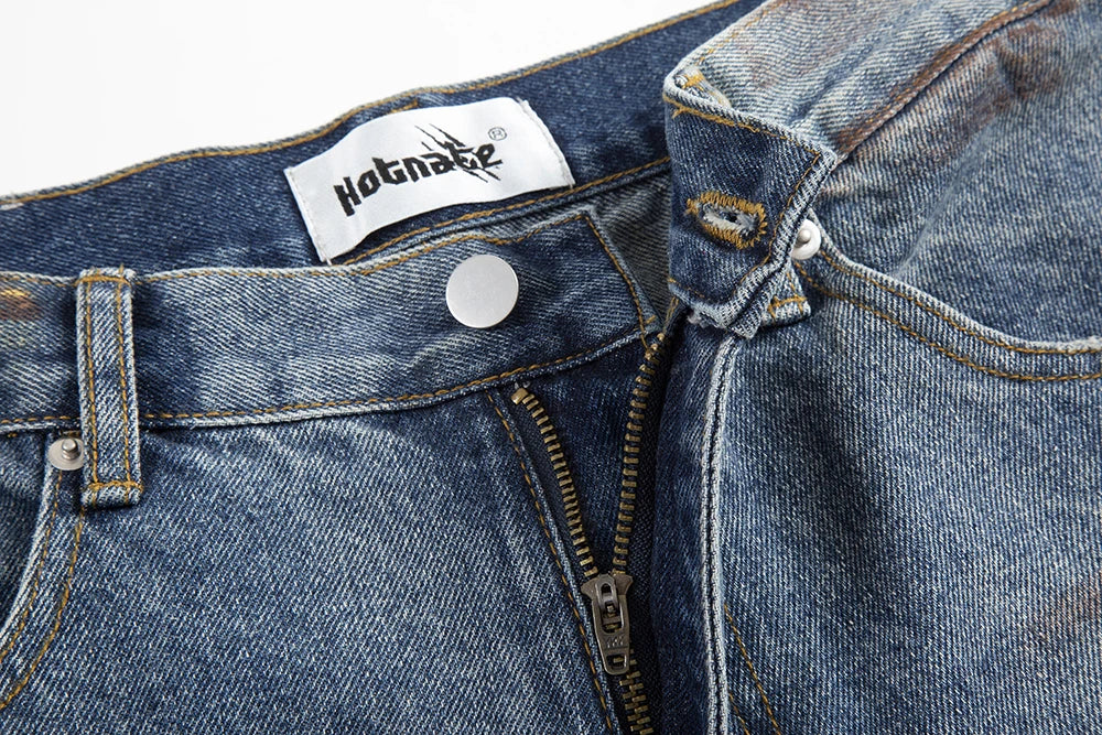 green painted hole washed blue baggy jeans mens streetwear distressed casual loose denim trousers ropa hombre frayed cargo pants unique cargo style 4332