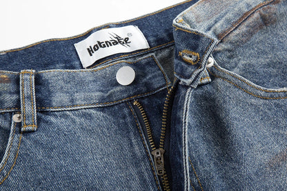 green painted hole washed blue baggy jeans mens streetwear distressed casual loose denim trousers ropa hombre frayed cargo pants unique cargo style 4332