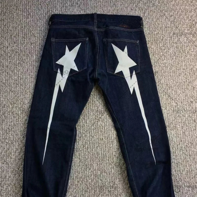 Y2K Street Hip Hop Harajuku Lightning Pattern Printed Jeans Men's Fashion Loose Casual High Waist Wide Leg Jeans Women's Street King Limited