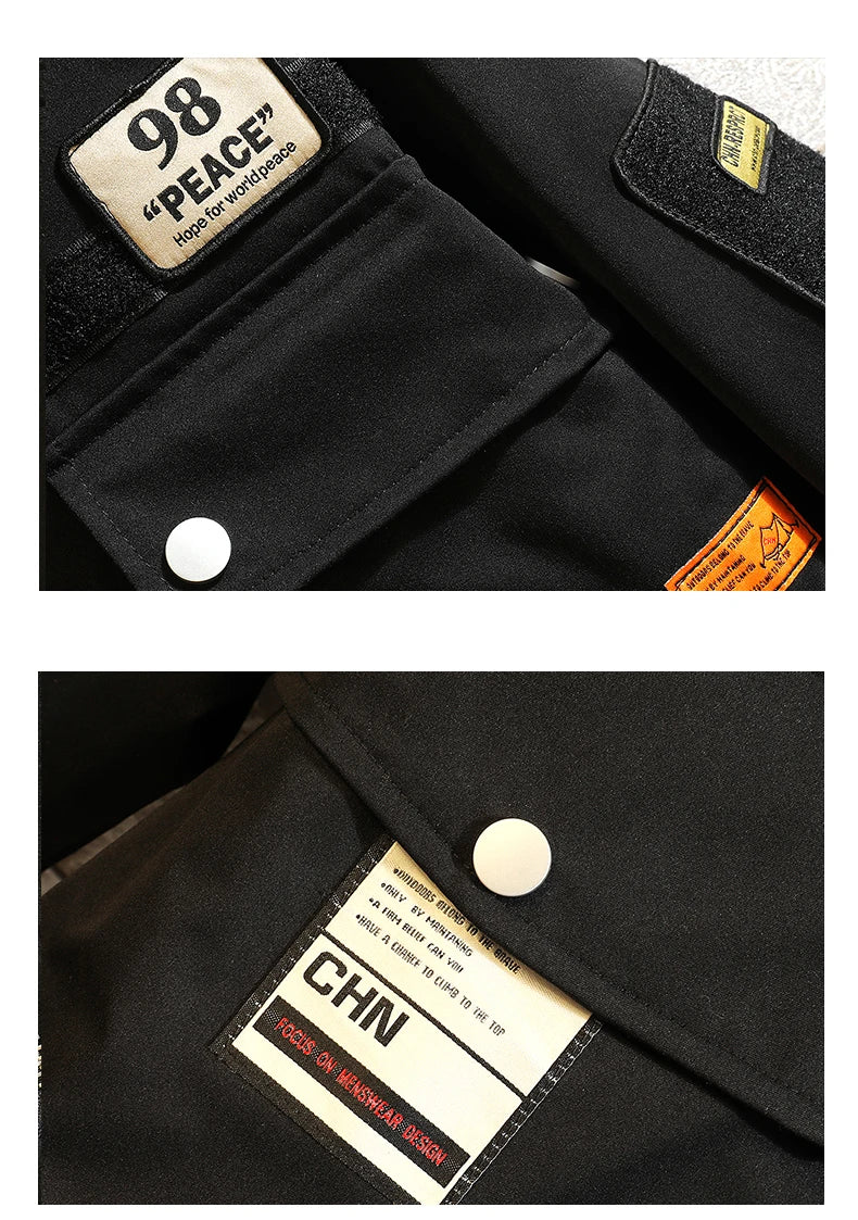 men jacket multi pockets hooded outwear korean fashion patch jackets zipper coats retro techwear oversize men clothing unique default style 379