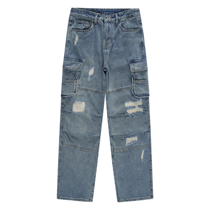 mens baggy jeans side big pocket distressed ripped denim jean straight pants high street cargo jean pants hip hop joggers jeans unique joggers style 1977