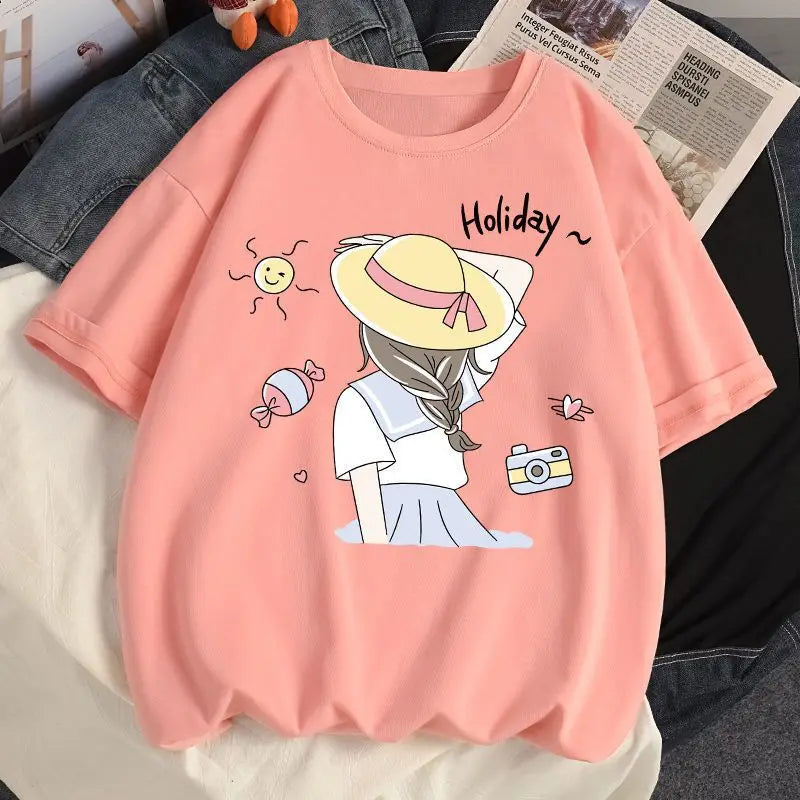 Pure cotton short-sleeved large size versatile T-shirt women's loose new student top trendy women clothing y2k tops emo clothes Street King Limited