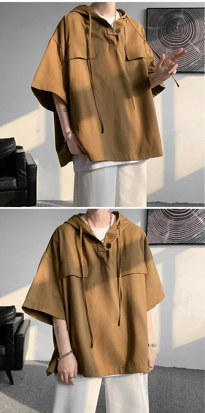 5 Colors Summer Hooded T shirt Men Korean Half Sleeve Pullover Streetwear Loose T-shirt Tops Drawstring Men Clothing Street King Limited