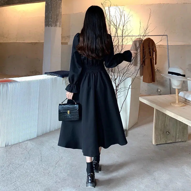 Black Elegant Dress Women Vintage Long Sleeve Spring Autumn Dresses Square Collar Oversize Loose Casual Robe Streetwear Street King Limited