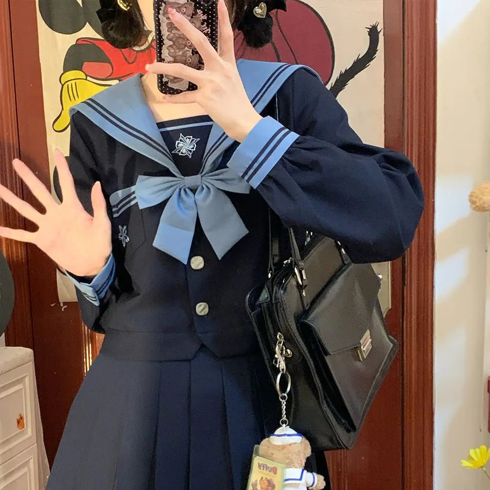 Student Union JK Uniform Sailor Suit Blue Skirt Long Sleeve Navy Collar Bow Tie Two Colors Two-piece Set Vitality Kawaii Street King Limited