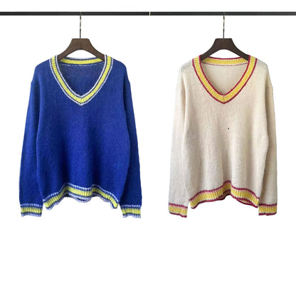 V Neck Striped Blue Pullover Sweater for Men and Women Streetwear Ropa Hombre Casual Autumn Wool Sweater Oversized Loose Tops Street King Limited