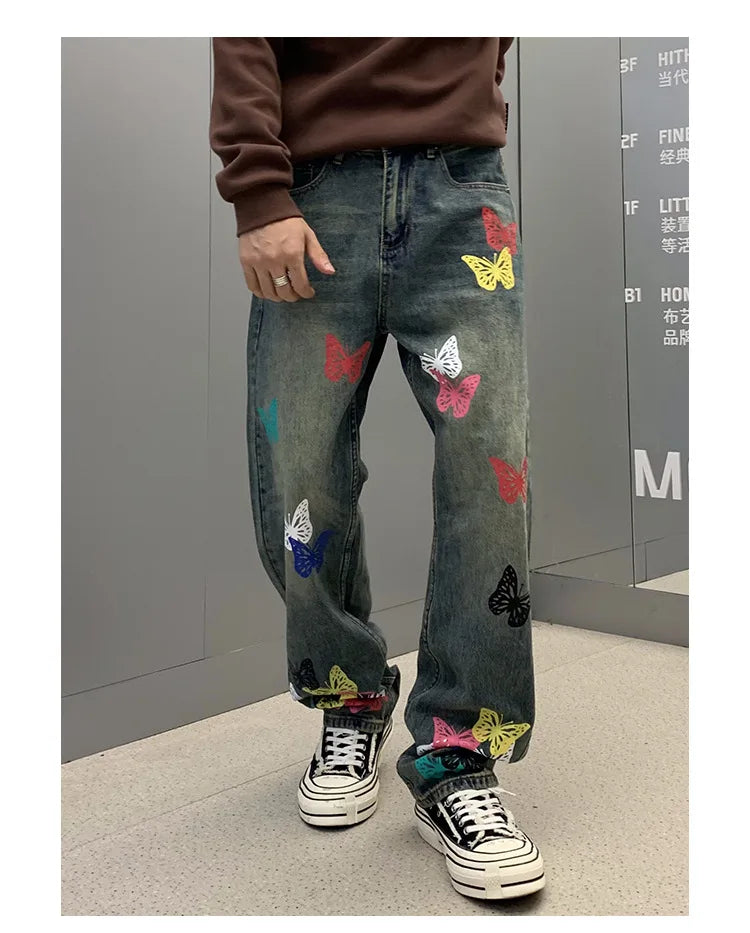 butterfly print jeans men streetwear fashion vibe loose casual hiphop straight washed denim pant jeans cityboy teen trousers unique jeans style 2563