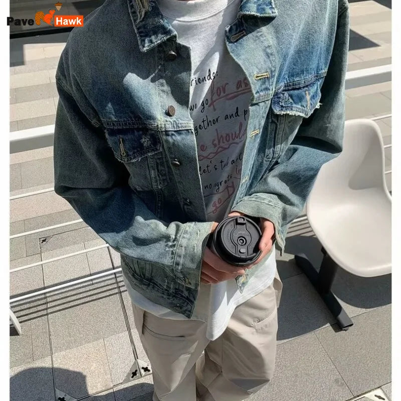 high street washed denim jacket mens trends new spring streetwear single breasted casual hip hop coats loose cowboy outwear stacked flare jeans