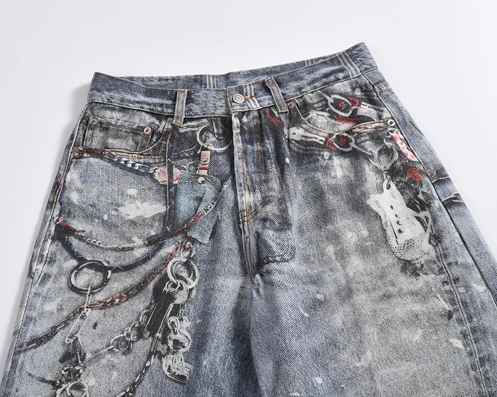 high street chain print frayed washed baggy jeans for men and women y2k casual loose denim trousers ropa hombre casual pants unique jeans style 406