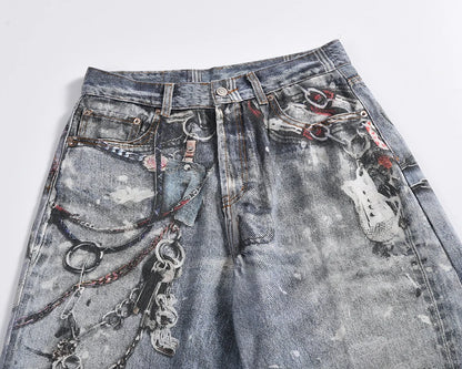 high street chain print frayed washed baggy jeans for men and women y2k casual loose denim trousers ropa hombre casual pants unique jeans style 406