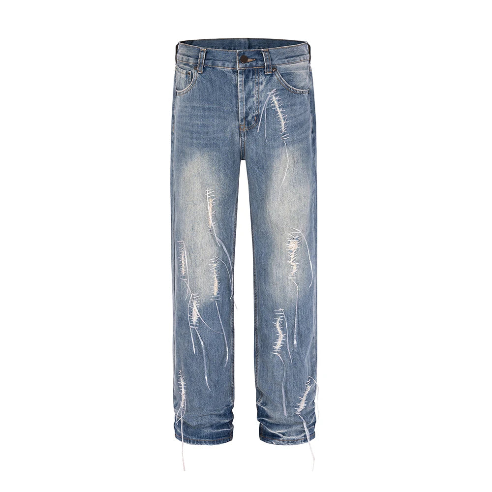 2023 new straw tassel design ripped hole loose denim trousers mens streetwear straight y2k pantalones hombre baggy jeans urban skinny jeans