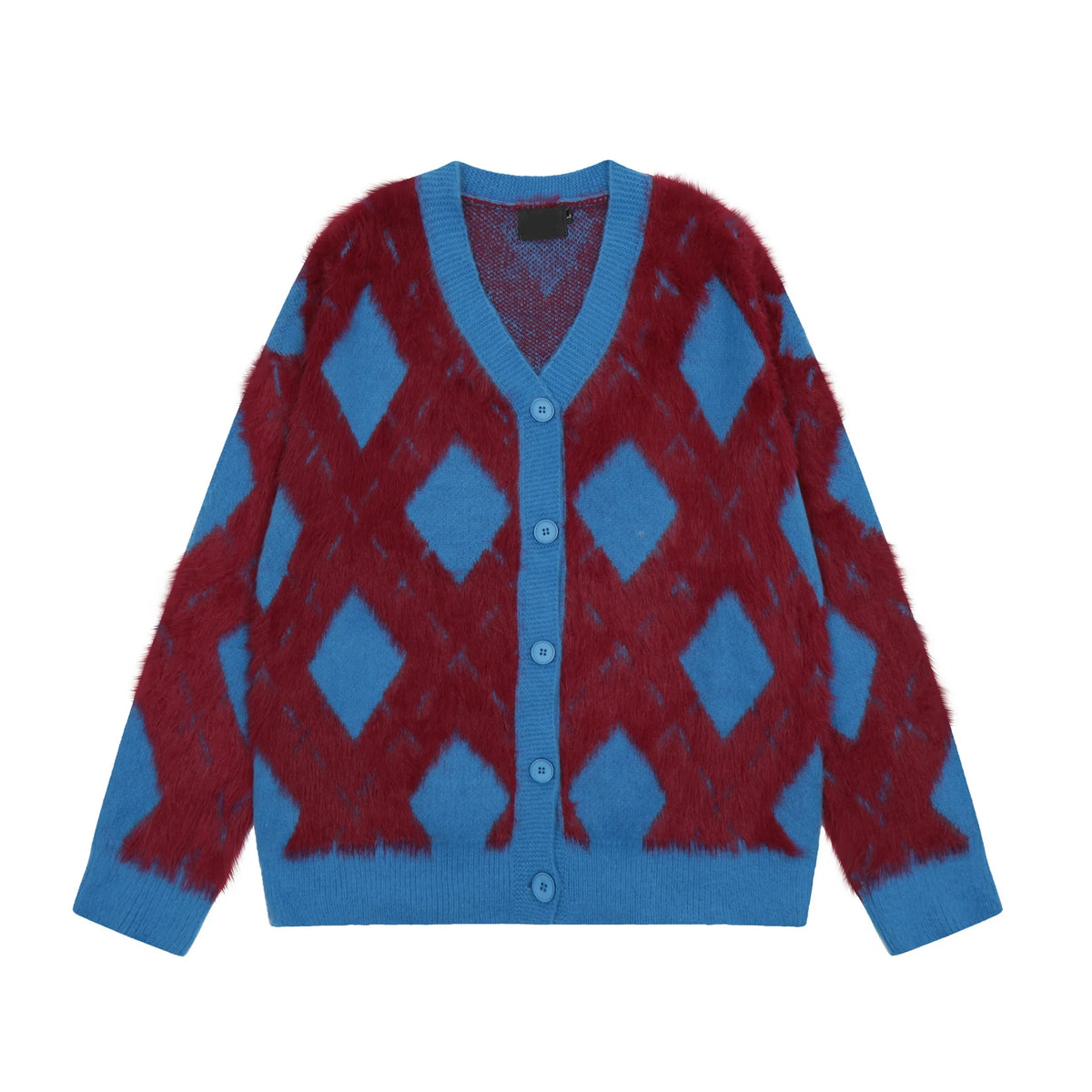 2024 New College Casual Mens Cardigan Autumn Diamond Grid Color Block Street Unisex Knitted Jacket Loose V-neck Sweater Coats Street King Limited