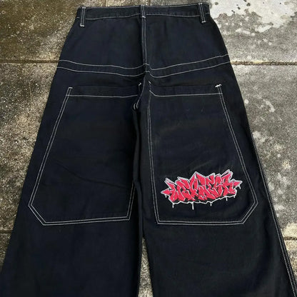 harajuku black pants hip hop retro men women gothic high waist wide trouser graphic embroidered baggy jeans streetwear y2k jeans unique jeans style 1796