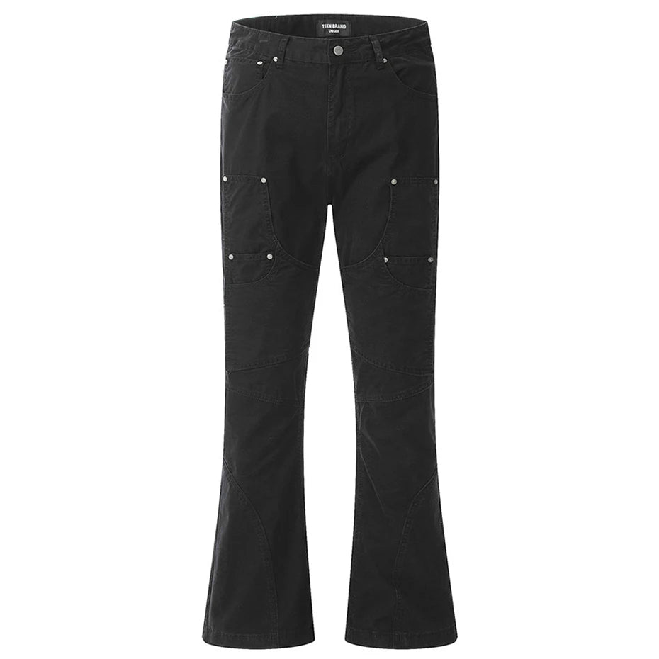 men fashion slim flared jeans irregular patchwork black denim pants male unique jeans style 4258