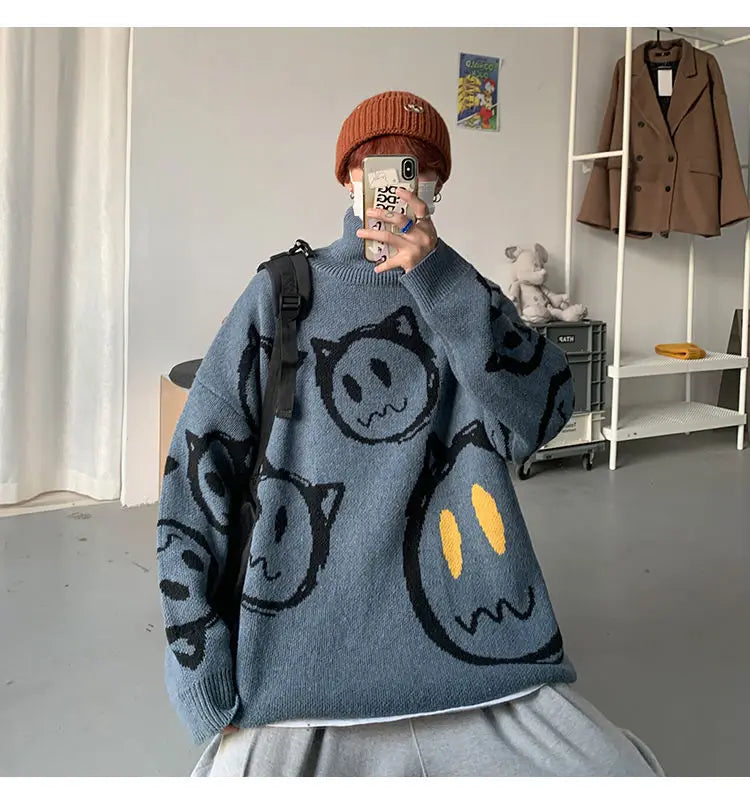 Korean literature art turtleneck sweater men autumn winter lazy style knitted sweater cartoon devil print wool clothes pullovers Street King Limited