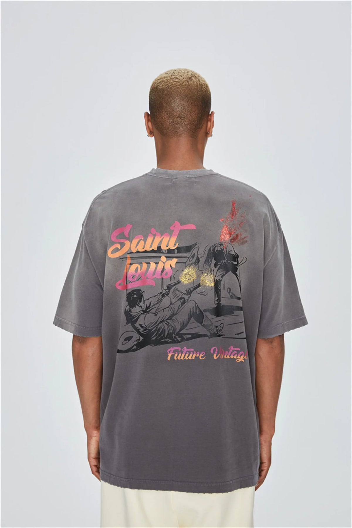 24ss Future Vintage Style "Western" Gradient Logo Metal Print Cowboy Sparkling Pink Short Sleeves T-Shirt For Men Street King Limited