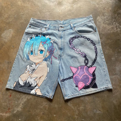 popular casual rem print sweatpants fashion y2k baggy jeans wide leg denim shorts pants harajuku streetwear trouser men clothing unique joggers style 3917