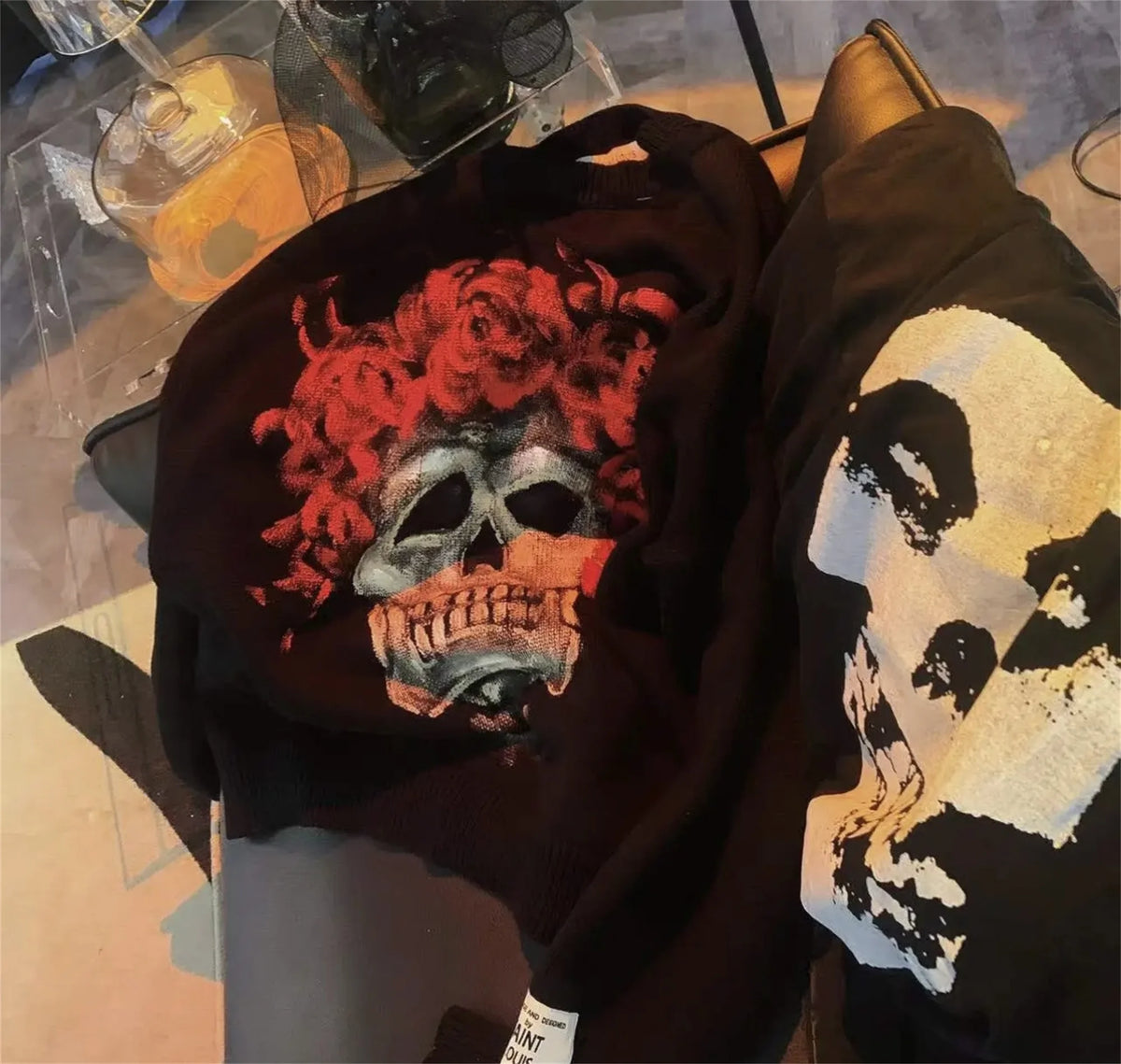 Vintage New Arrival SSSAINT LOUIS Rose Skull Hand-painted High-Street Cotton Casual Pullover Round Neck Sweater Street King Limited