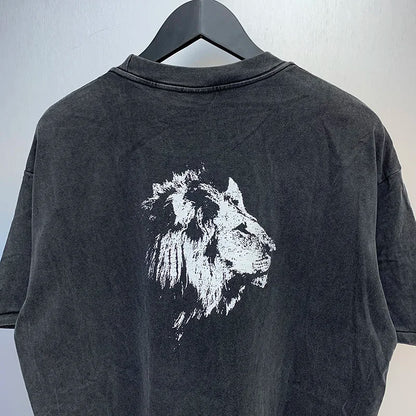 2024ss Sheep Lion Head Printing T Shirt Michael Men Woman Good Quality Vintage Wash Black O-Neck Loose Casual Tops Tee Street King Limited