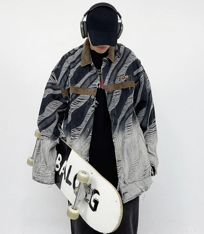 zebra printed harajuku denim jacket and coat mens hip hop patchwork ripped holes jeans outerwear casual streetwear jeans jackets unique jeans style 4694