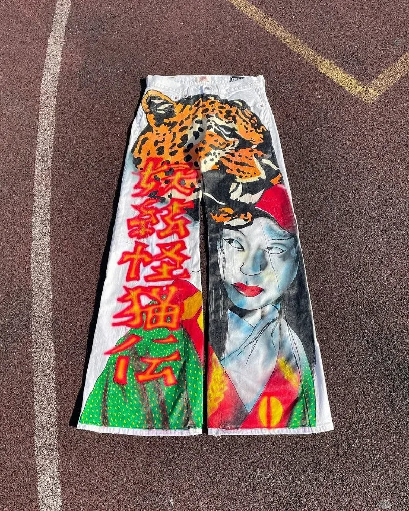 american high waisted washed wide leg pants fashion anime print oversized denim trousers women y2k loose floor length pants vintage washed jeans