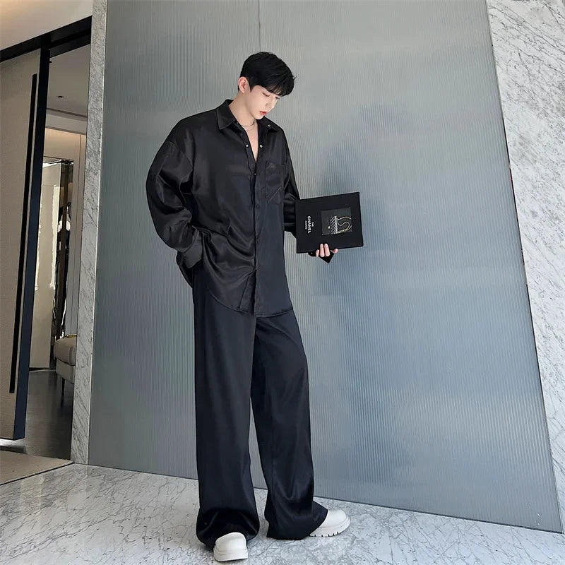 men silk style streetwear fashion loose casual long sleeve shirts pants 2 pieces sets male vintage suits blouses trousers relaxed fit trousers