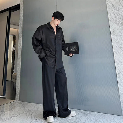 men silk style streetwear fashion loose casual long sleeve shirts pants 2 pieces sets male vintage suits blouses trousers relaxed fit trousers