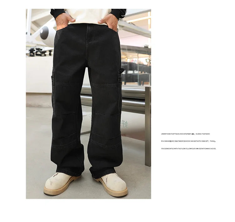 men american streetwear fashion loose casual hip hop wide leg black denim baggy jeans pants man y2k cargo jeans trousers unique cargo style 2222