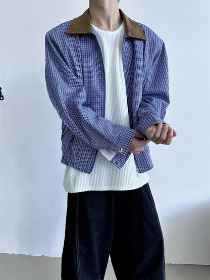2024 autumn high street plaid jackets for men casual y2k vintage streetwear zipper coats hip hop fashion motorcycle jacket unique default style 1552