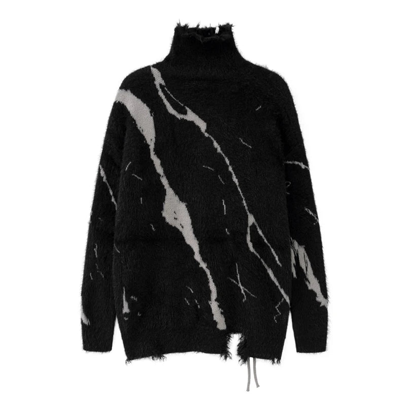 Front Lace Up Tie Dye Frayed High Neck Sweaters Men's High Street Retro Casual Oversized Unisex Woolen Clothes Knitted Sweater Street King Limited