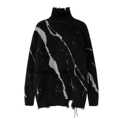 Front Lace Up Tie Dye Frayed High Neck Sweaters Men's High Street Retro Casual Oversized Unisex Woolen Clothes Knitted Sweater Street King Limited