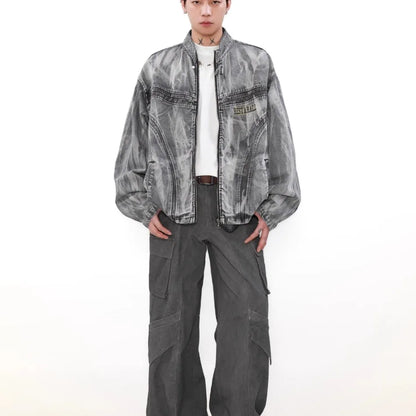 autumn high street washed denim jacket mens vintage graffiti printing stand collar motorcycle coats patchwork punk cowboy tops unique jeans style 3569