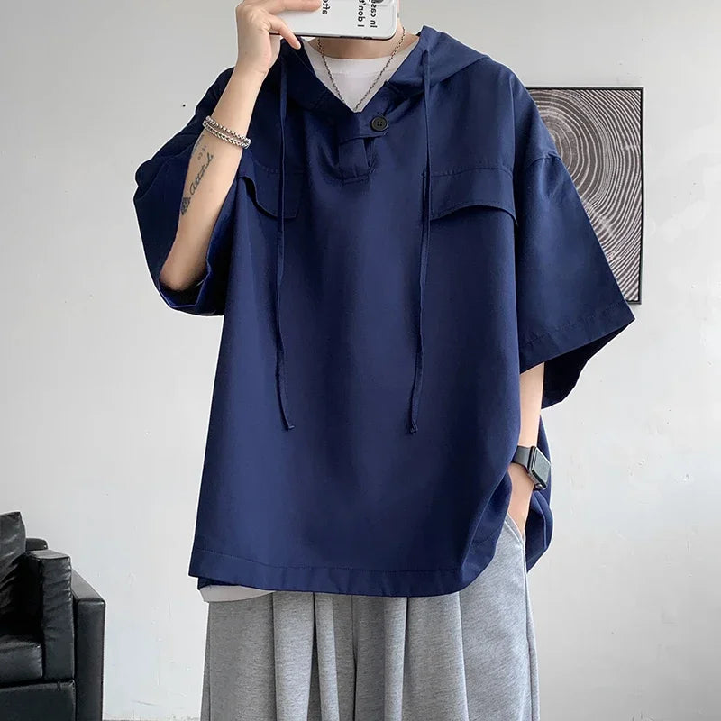5 Colors Summer Hooded T shirt Men Korean Half Sleeve Pullover Streetwear Loose T-shirt Tops Drawstring Men Clothing Street King Limited