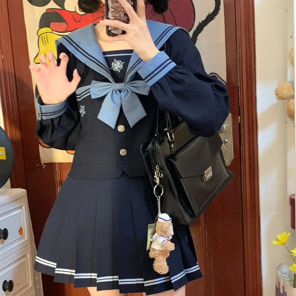 Student Union JK Uniform Sailor Suit Blue Skirt Long Sleeve Navy Collar Bow Tie Two Colors Two-piece Set Vitality Kawaii Street King Limited