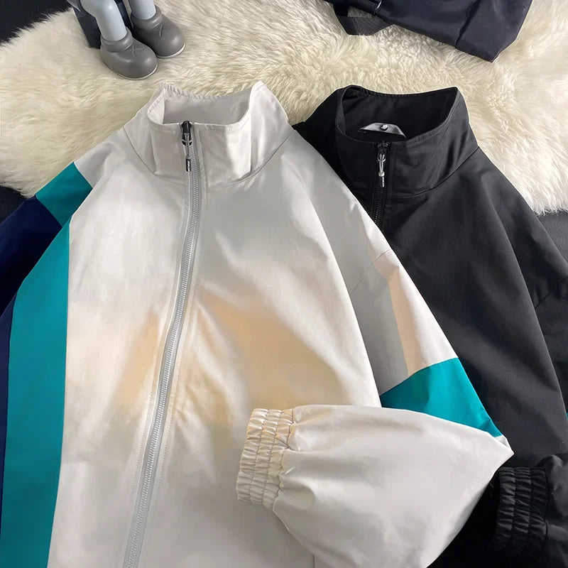 2024 spring mens standing collar jacket patchwork loose windbreaker zipper sports outdoor jackets unisex punching jacket relaxed fit trousers