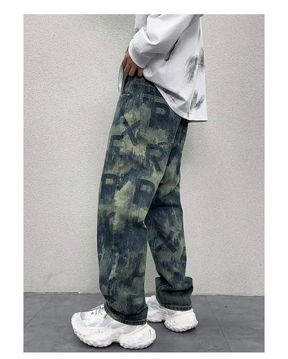 men loose casual american high street hip hop vibe printed denim baggy jeans pants man streetwear ripped jeans trousers unique jeans style 2976