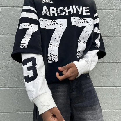 Trendy Brand Alphanumeric Printing Oversized Splicing Long-sleeved Men Y2k Street Hip-hop Rock Casual Retro Pullover Women Street King Limited