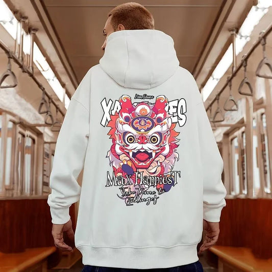 New Lion Dance Graphic Hoodies For Men Y2K Streetwear Fleece Hooded Sweatshirts Hip Hop Fashion Oversized Pullover Hoody Clothes Street King Limited