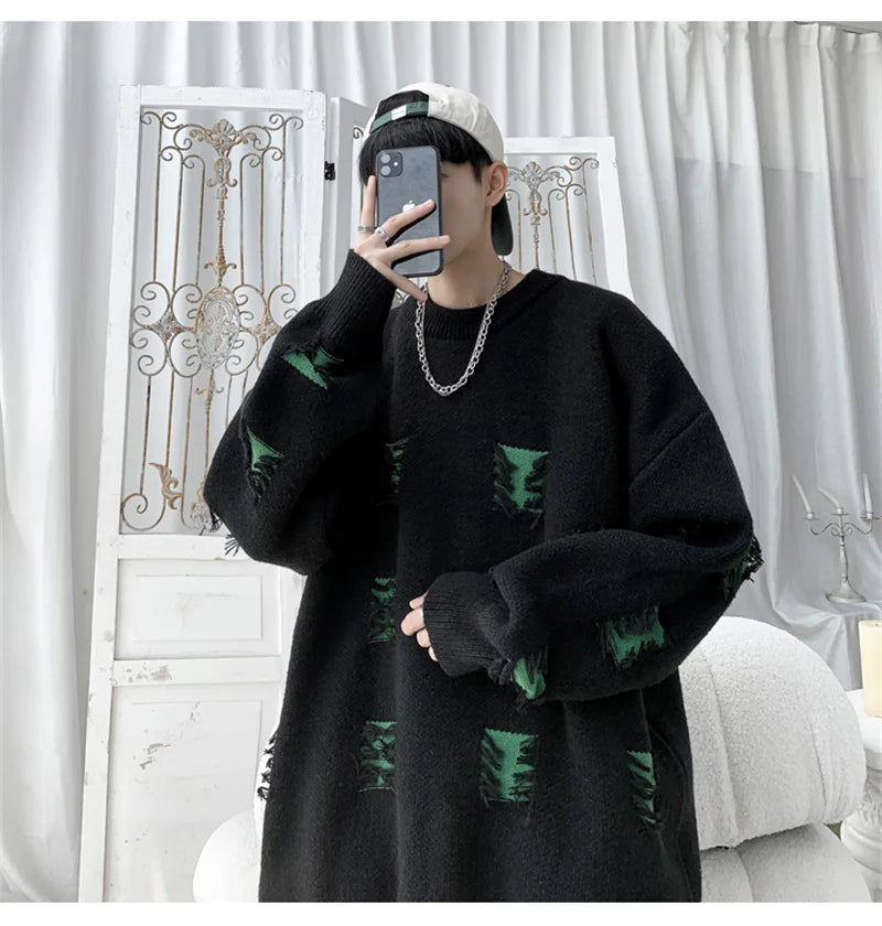 2025 New Ripped Design Crewneck Sweater For Men High Street Patchwork Knitted Jumpers Y2K Vintage Christmas Knitwear Pullovers Street King Limited