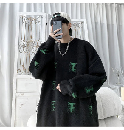 2025 New Ripped Design Crewneck Sweater For Men High Street Patchwork Knitted Jumpers Y2K Vintage Christmas Knitwear Pullovers Street King Limited