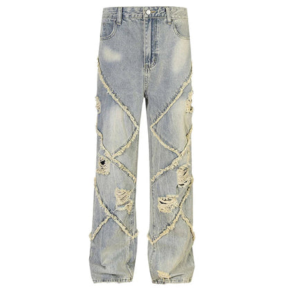 vintage ripped patchwork baggy jeans mens streetwear hip hop loose blue jeans trousers y2k distressed straight denim pants man denim street jeans